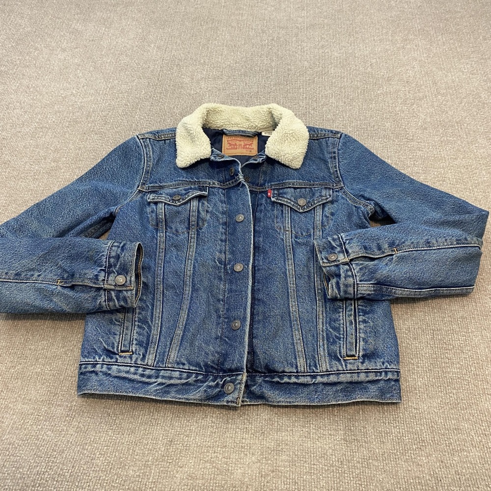 Levi's Jacket Womens Medium Blue Denim Quilted Lined Sherpa Collar Trucker Warm